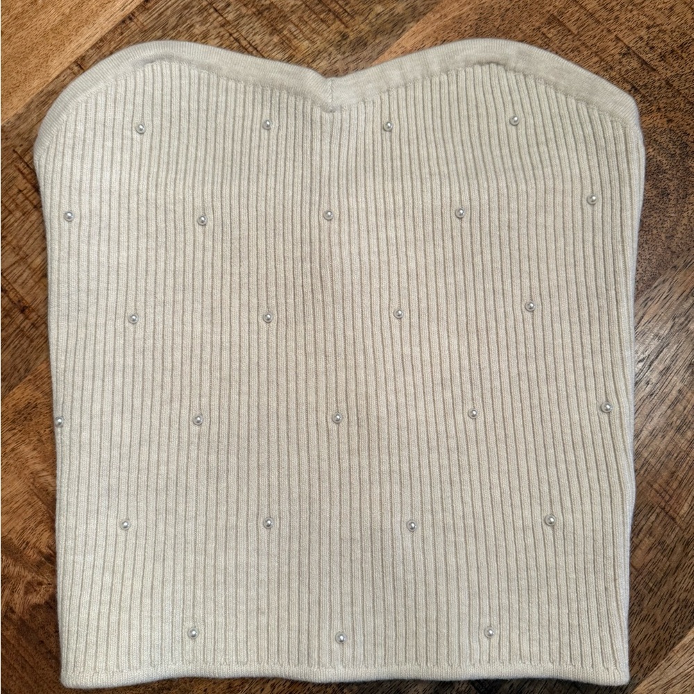 Aerie Cream ribbed knit tube top with pearl details
